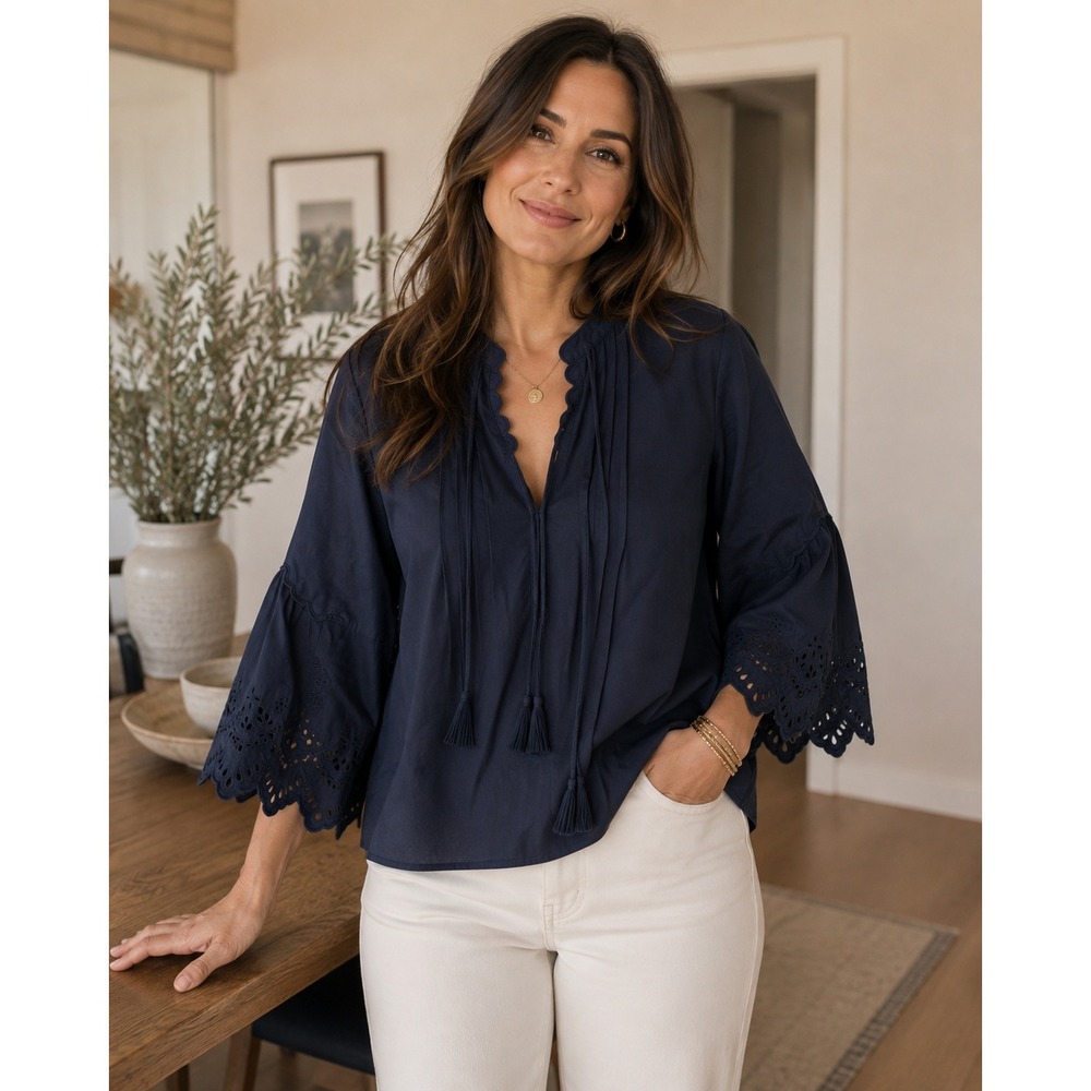 Kobi Halperin Eyelet Bell Sleeve Blouse Womens‎ Small Navy Blue Pintuck Tassel